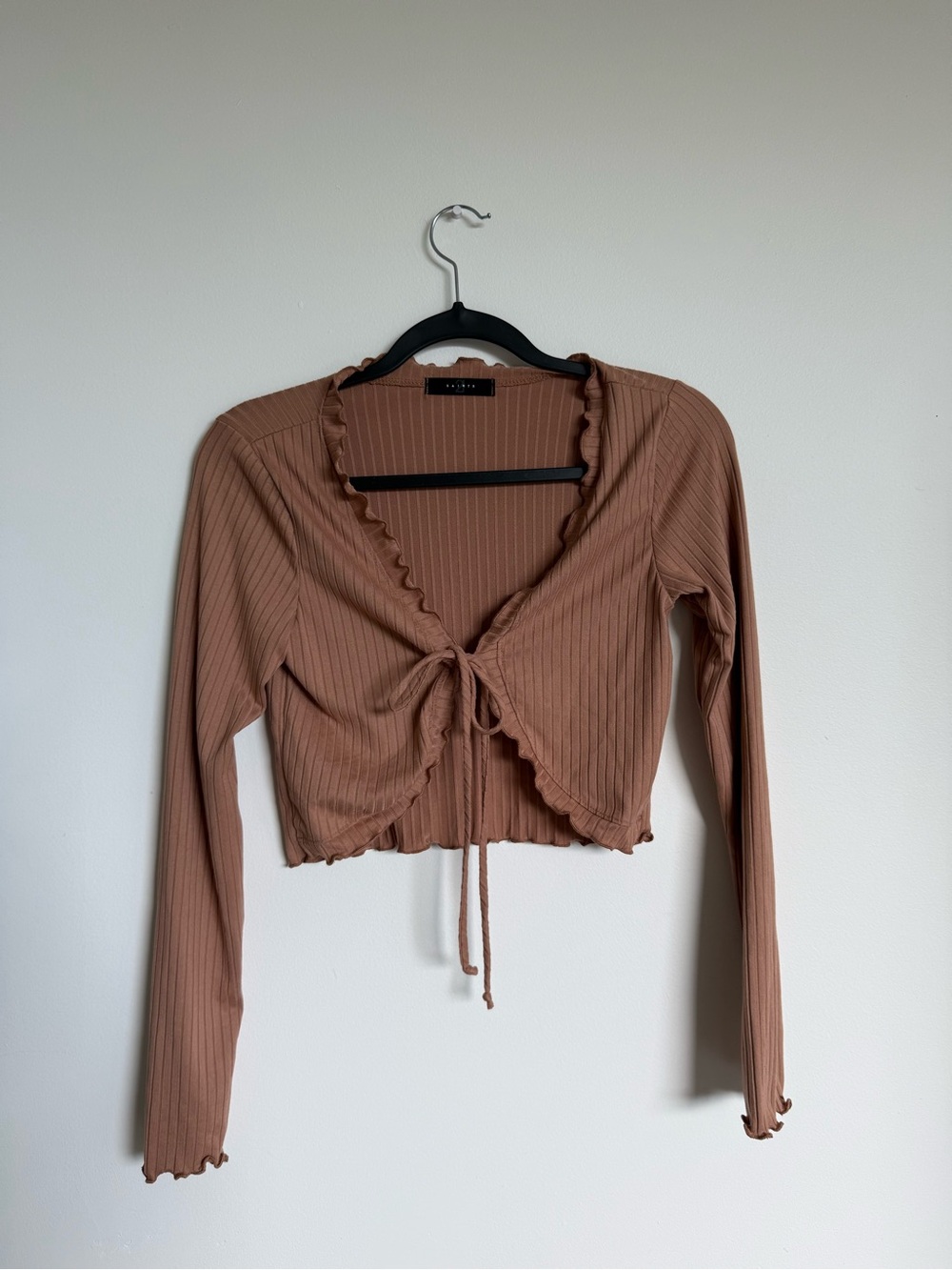 Ribbed Tie-Front Crop Top in Dusty Brown